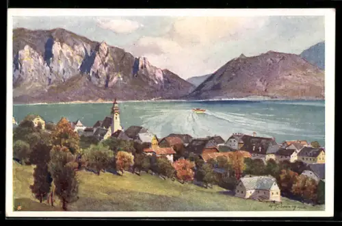 Künstler-AK Deutscher Schulverein Nr. 1693: Unterach am Attersee, Salzkammergut, Teilansicht mit Kirche