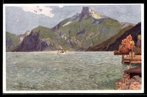 Künstler-AK Mondsee, See mit Dampfboot & Schafberg
