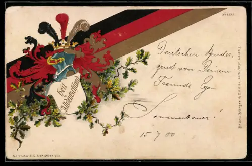 AK Helm mit Helmbusch vor schwarz-rot-goldenem Band, Wappen mit Heil Alldeutschland-Aufschrift