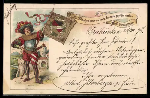 AK Landsknecht hält eine Flagge vom Bund der Deutschen in die Luft