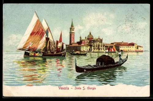 Lithographie Venezia, Isola S. Girgio, Segelboot u. Gondel