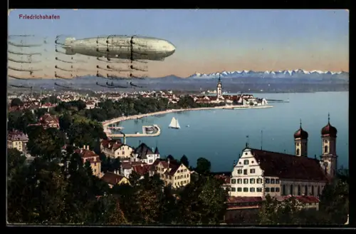 AK Friedrichshafen, Zeppelin und Flugzeug über dem Hafen