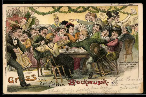 Künstler-AK Bruno Bürger & Ottillie: Neustadt, Innenansicht des Gasthaus Gambrinushalle