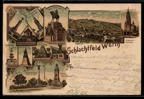 Lithographie Wörth, Schlachtfeld, Kaiser Friedrich Denkmal, 2. Hess. Infant. Reg., Bayerisches Denkmal