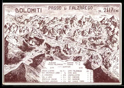 AK Passo di Falzàrego, Vista panoramica delle Dolomiti con sentieri e rifugi alpini