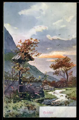 AK Allegorie zu Oktober mit schöner Herbstlandschaft