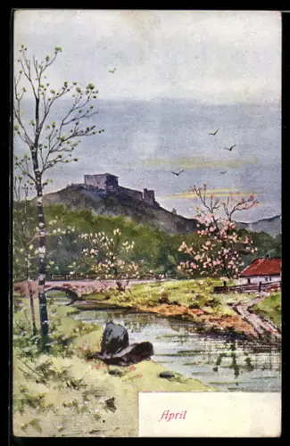 Lithographie April, Frühlingslandschaft, Allegorie