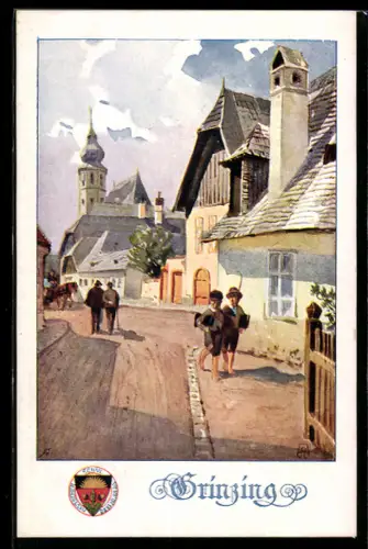 Künstler-AK Grinzing, Strasse mit Häusern und Kirche