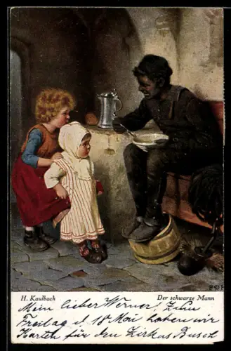Künstler-AK Hans Kaufmann: Der schwarze Mann, Kinder beobachten den Schornsteinfeger beim Essen