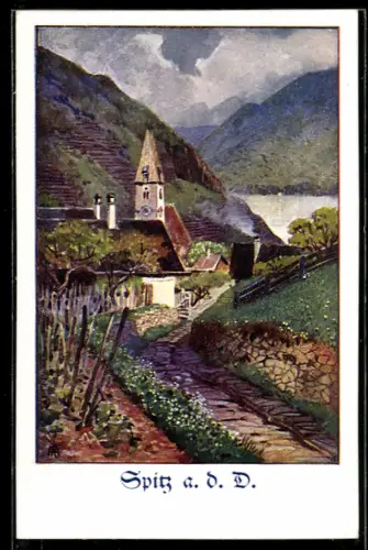 AK Deutscher Schulverein NR.173: Spitz a. d. Donau, Blick auf die Kirche