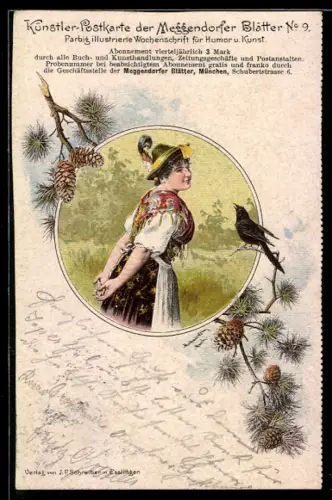 Künstler-AK Teodor Axentowicz: Frau in Tracht auf einer Wiese, Vogel