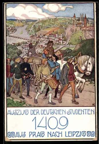 Künstler-AK Auszug der Deutschen Studenten aus Prag nach Leipzig