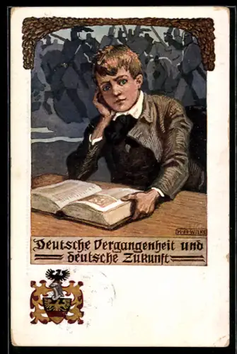 Künstler-AK Karl Alex Wilke: Junge mit einem Buch, Im Hintergrund Soldaten