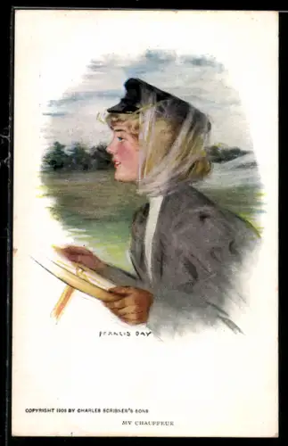 Künstler-AK sign. Francis Day: Junge Frau am Steuer ihres Automobils