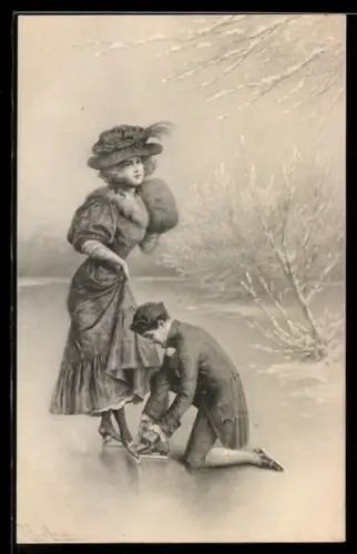 AK Mann hilft einer eleganten Frau beim Anziehen der Schlittshuhe