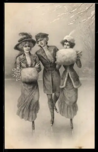 AK Galan mit untergehakten jungen Damen auf Schlittschuhen, Neujahrsgruss