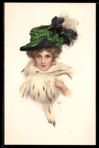 Künstler-AK M. Munk Nr. 479: Blonde Schönheit im Hermelinpelz