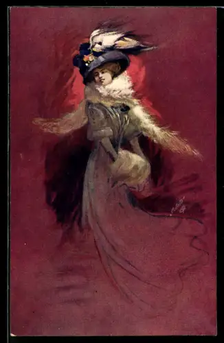 AK Frau mit Hut und einem Muff, Reklame für China-Wein Serravallo