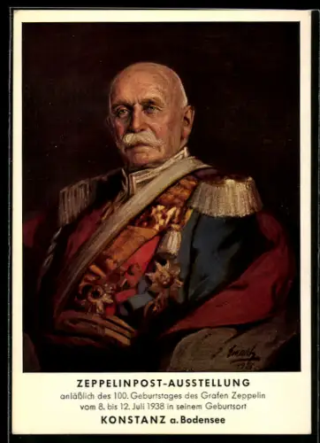 AK Konstanz, Zeppelinpost-Ausstellung, Portrait zum 100. Geburtstag