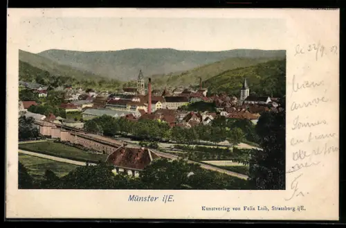 AK Münster i. E., Stadtansicht mit Stadtmauer und Kirchtürmen