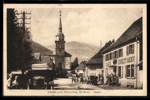 AK Urbès /Wesserling, Dorfstrasse mit Kirche und Café