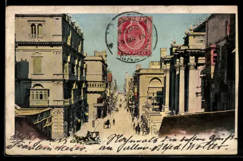 AK Malta, Strassenszene mit Kolonnaden und Pferdekutschen