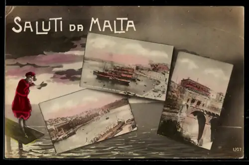 AK Malta, Drei Ansichten von Hafen und Stadt