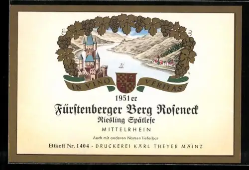 Getränkeetikett 1951er Fürstenberger Berg Roseneck, Riesling Spätlese, Mittelrhein