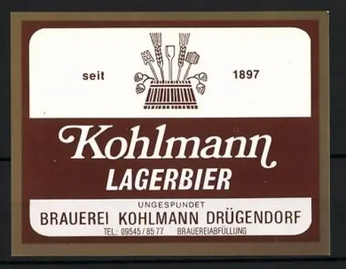 Getränkeetikett Brauerei Kohlmann, Drügendorf, Kohlmann Lagerbier
