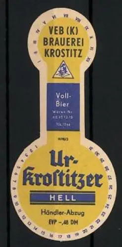 Getränkeetikett VEB Brauerei Krostitz, Ur-Krostitzer Vollbier Hell
