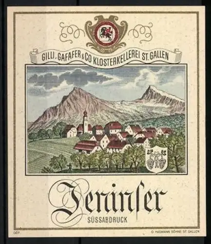 Getränkeetikett Gilli, Gafafer & Co. AG Klosterkellerei, St. Gallen, Heninfer Süssabdruck