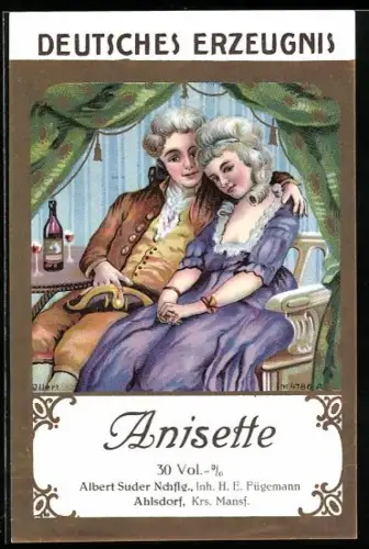 Getränkeetikett Albert Suder Nachflg., Ahlsdorf /Mansfeld, Inh. H. E. Fügemann, Anisette
