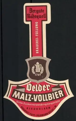 Getränkeetikett Brauerei Pott-Feldmann, Oelde i. W., Oelder Malz-Vollbier