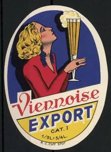 Getränkeetikett Viennoise Export, Elegante junge Frau mit hohem Trinkglas