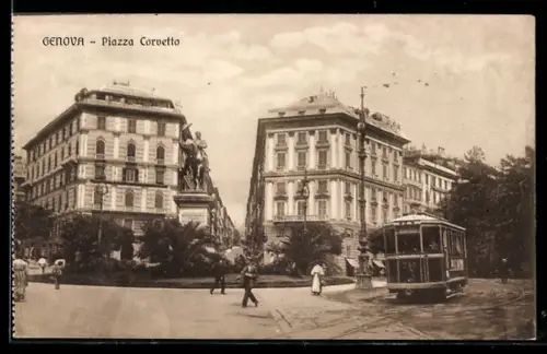 AK Genova, Piazza Corvetto, Monumento, Strassenbahn