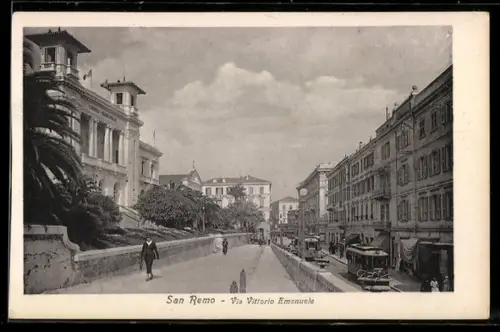 AK San Remo, Via Vottorio Emanuele, Casino Municipale, Strassenbahn