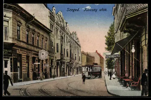 AK Szeged, Kölcsey ucta, Strassenbahn