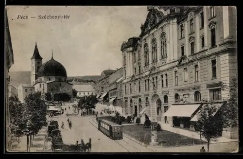 AK Pecs, Széchenyi-tér, Strassenbahn