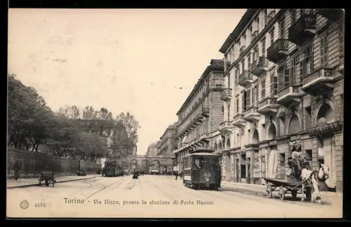 AK Torino, Via Nizza, presso la stazione di Porta Nuova, Strassenbahn