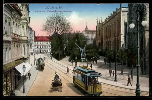 AK Cöln a. Rh., Partie am Wallraf-Richartz-Museum mit Anlage, Kutschen und Strassenbahn