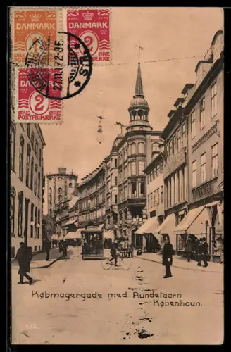AK Kobenhavn, Kobmagergade med Rundeltaarn, Strassenbahn