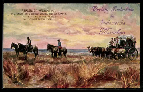 Künstler-AK Dilijencia de Correo Cruzando la Pampa, Postkutsche in der Pampa