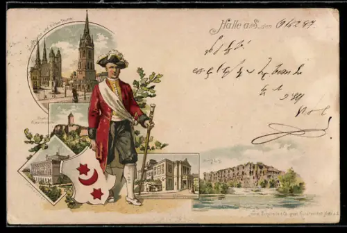 Lithographie Halle a. S., Universität, Moritzburg, Ruine Giebichenstein