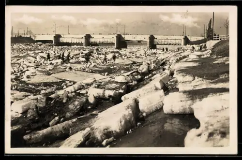 AK Stuttgart-Untertürkheim, Packeis aus dem Neckar, März 1929, Unwetter