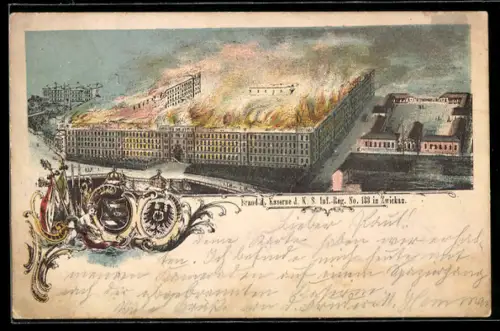 Lithographie Zwickau, Brand der Kaserne d. K.S. Inf.-Reg. No. 1933