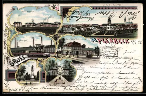 Lithographie Aplerbeck, Gasthaus Westermann, Hochöfen, Bahnhof