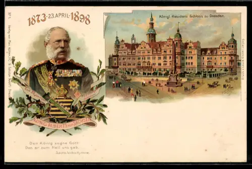 Lithographie Dresden, König Albert von Sachsen, Königl. Residenz-Schloss