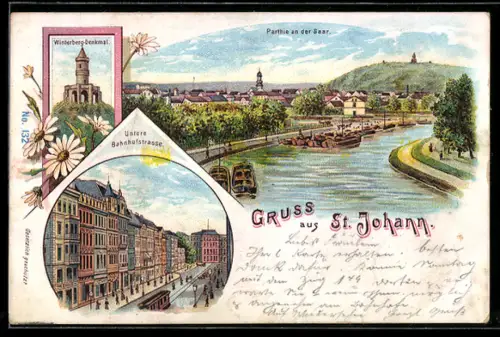 Lithographie St. Johann-Saarbrücken, Untere Bahnhofstrasse, Winterberg-Denkmal