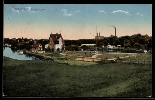 AK Spandau, Pichelsdorf, Ortspanorama mit Villa und Fabrikschornsteinen