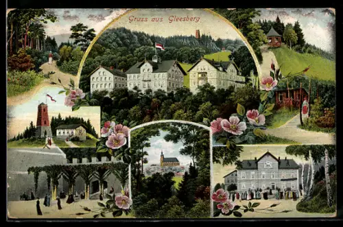 Lithographie Gleesberg, Schloss, Kirche, Aussichtsturm